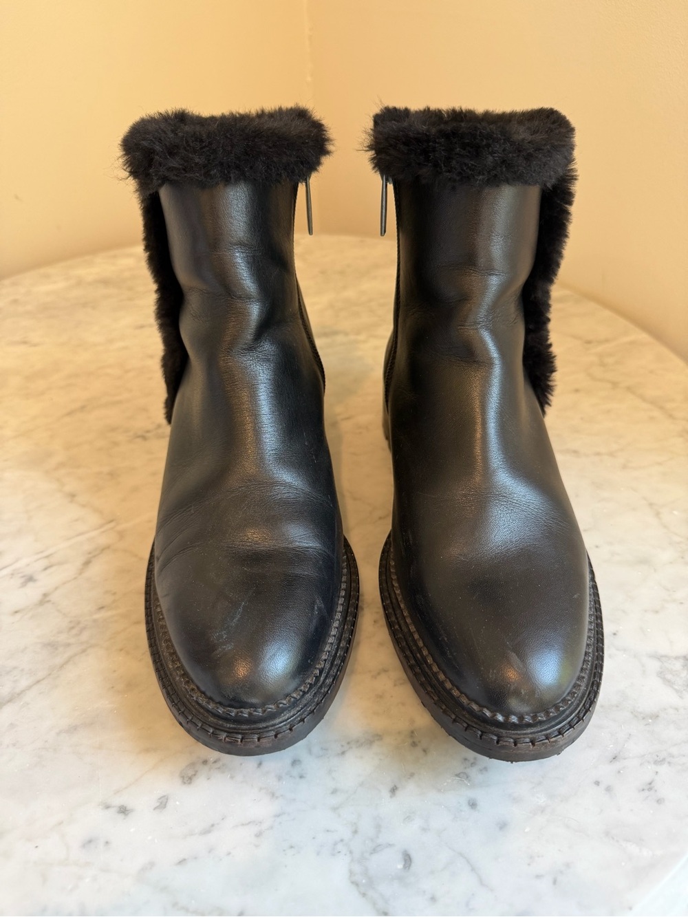 Aquatalia Black Leather Fur-Trim Ankle Boots